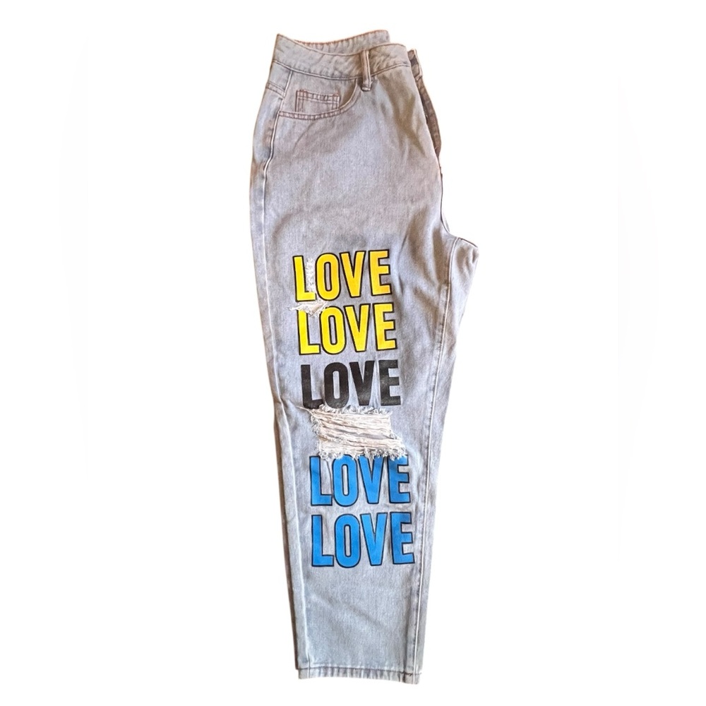 SHEIN Gray Boyfriend Jeans with Red, Yellow, and Blue Accents - Picture 3 of 5